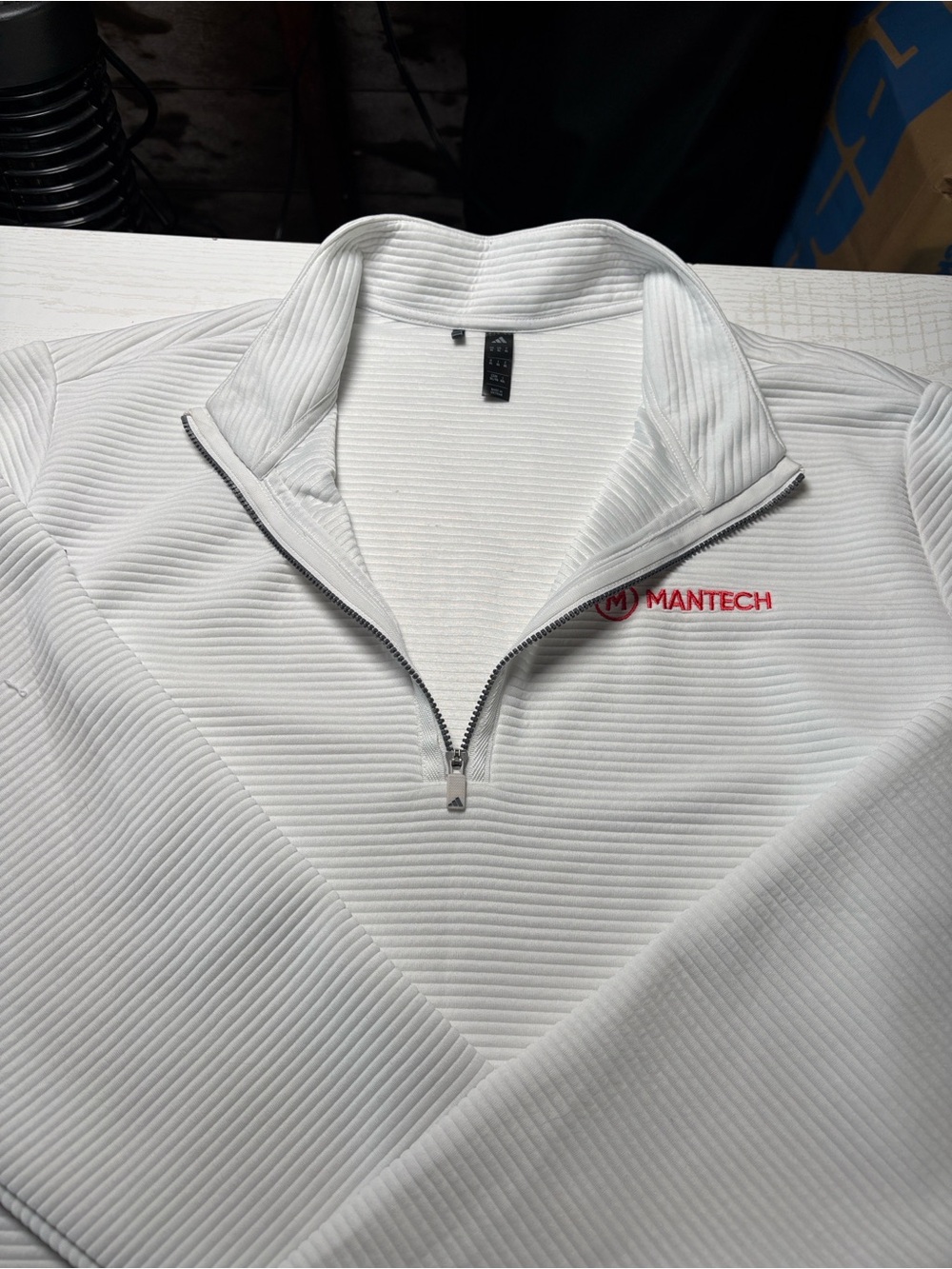 adidas White Ribbed Quarter-Zip Pullover